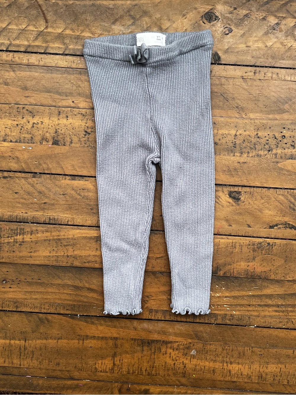 Zara Light Gray Ribbed Knit Kids Leggings with Lettuce Hem